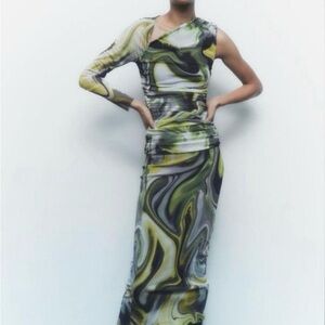 Zara One-Shoulder two piece mesh set in Green and Yellow Swirl